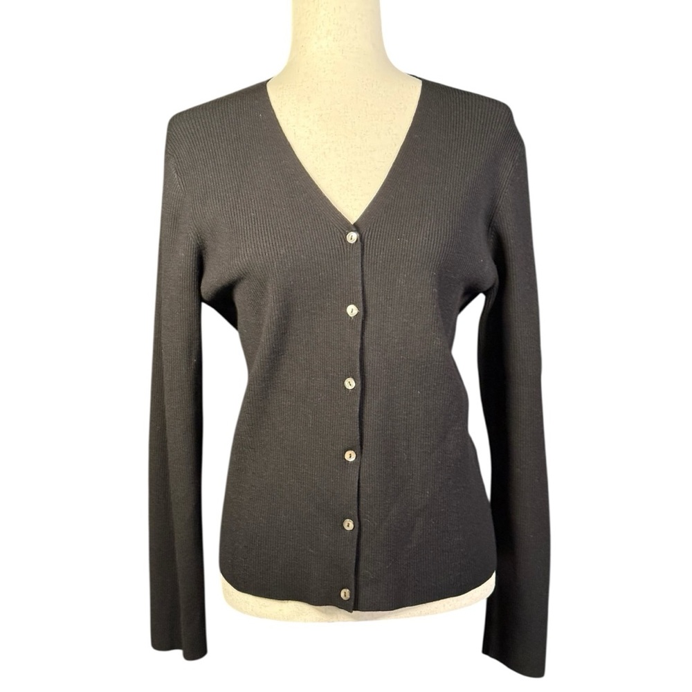 Max Studio Minimalist Black Ribbed Cardigan Sweater Button Front NWT Large